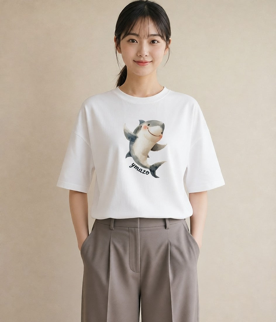 デザインTシャツ レディース シャチ 海の生き物 海 イラスト ゆるかわ ママ カフェ服 白T YMAZO