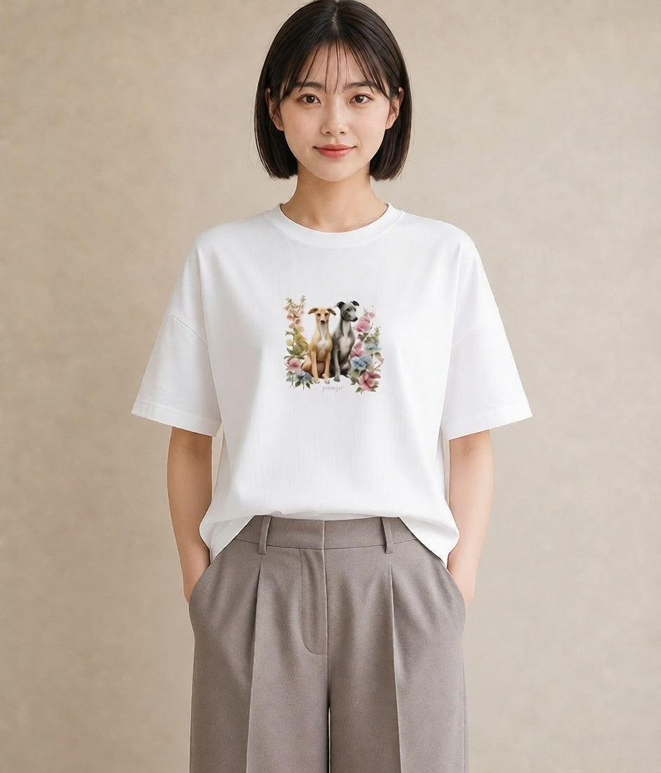 Tシャツ レディース イタリアングレーハウンド 犬 いぬ イラスト ニュアンス 誕生日プレゼント 綿100 白T YMAZO