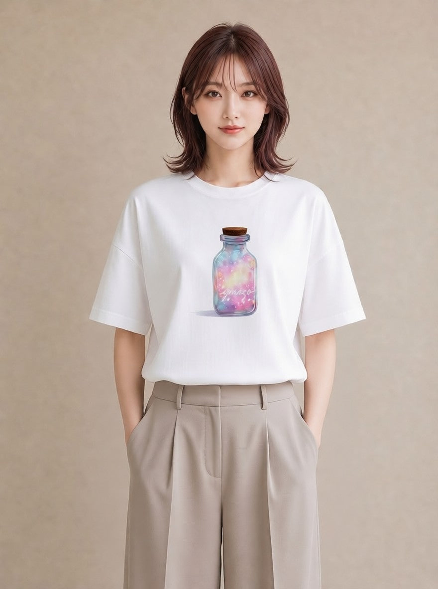 半袖Tシャツ レディース ガラス瓶 小枝 ボタニカル ナチュラル アンティーク イラスト 抜け感 自分用 ルームウェア 白T YMAZO