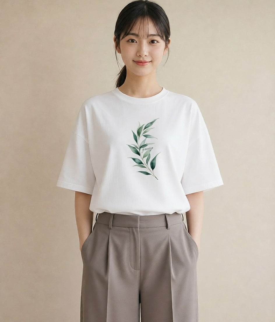 デザインTシャツ レディース シダ 植物 ボタニカル イラスト 抜け感 綿100 デート 白T YMAZO