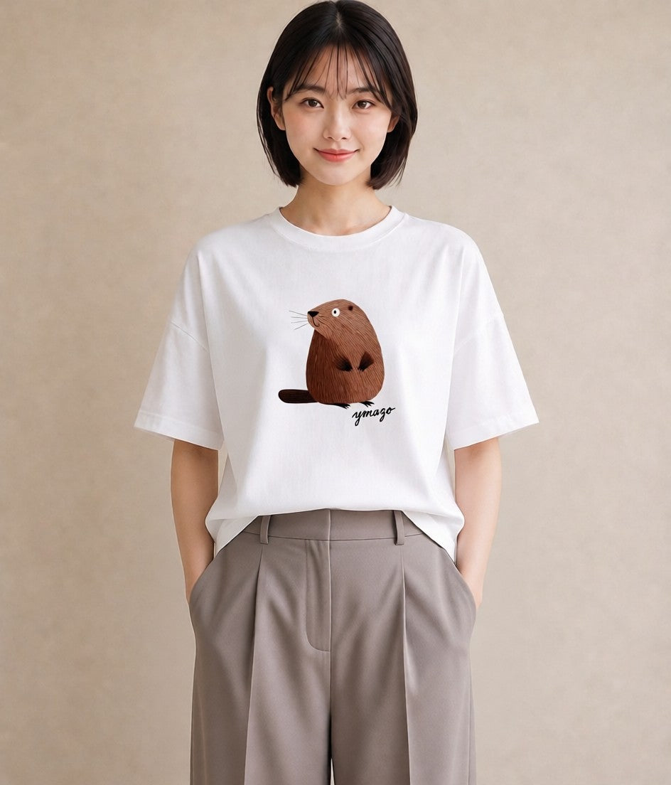 半袖Tシャツ レディース コツメカワウソ 動物 アニマル イラスト 線画 女性向けギフト 散歩 白T YMAZO