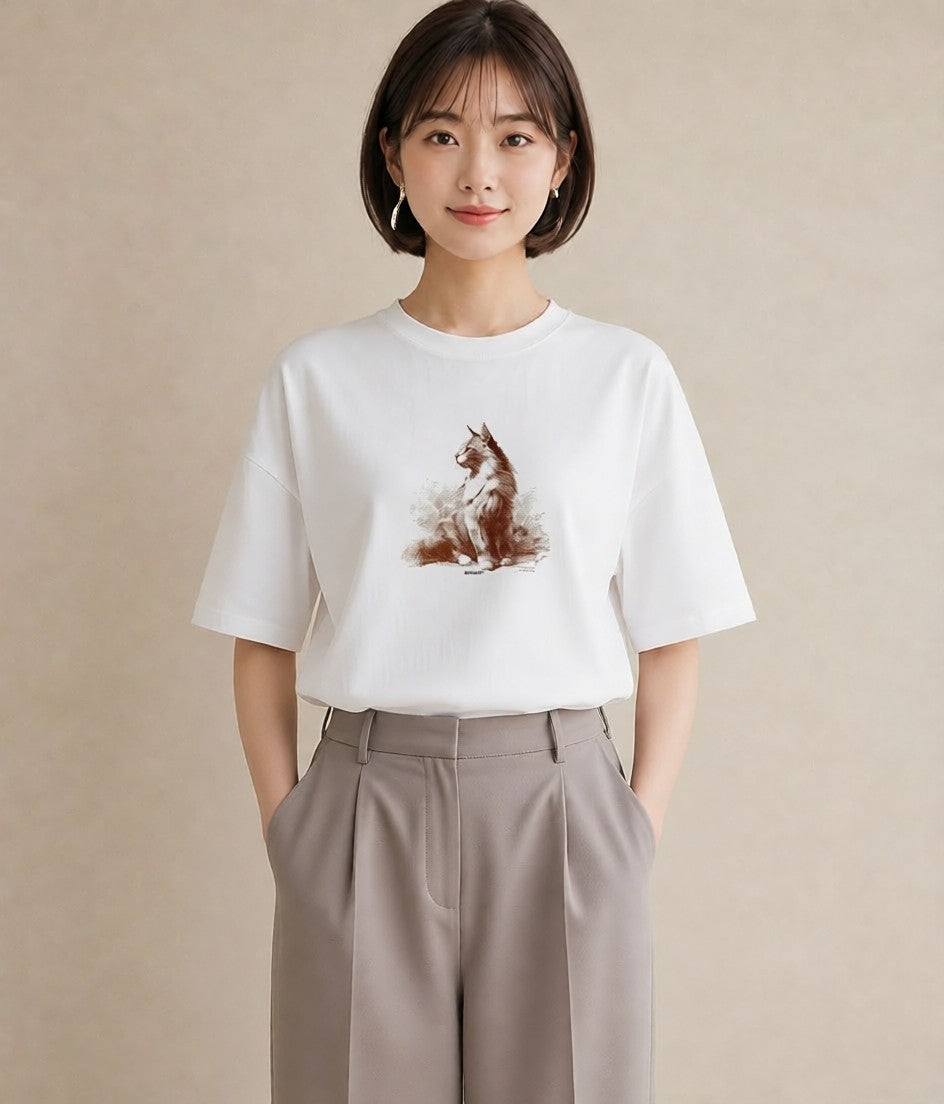 デザインTシャツ レディース 猫 ねこ イラスト 抜け感 通勤 在宅 白T YMAZO