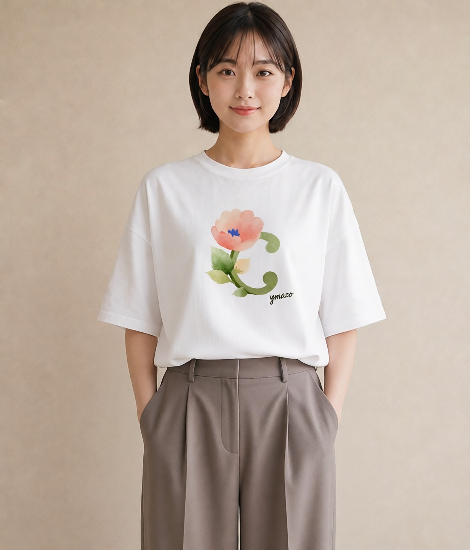 プリントTシャツ レディース パンジー 花 花柄 イラスト アート風 普段着 週末コーデ 白T