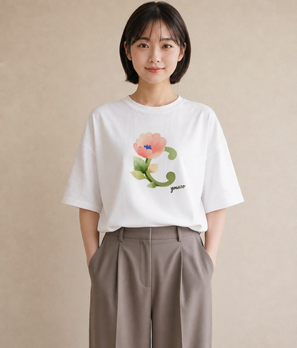 プリントTシャツ レディース パンジー 花 花柄 イラスト アート風 普段着 週末コーデ 白T