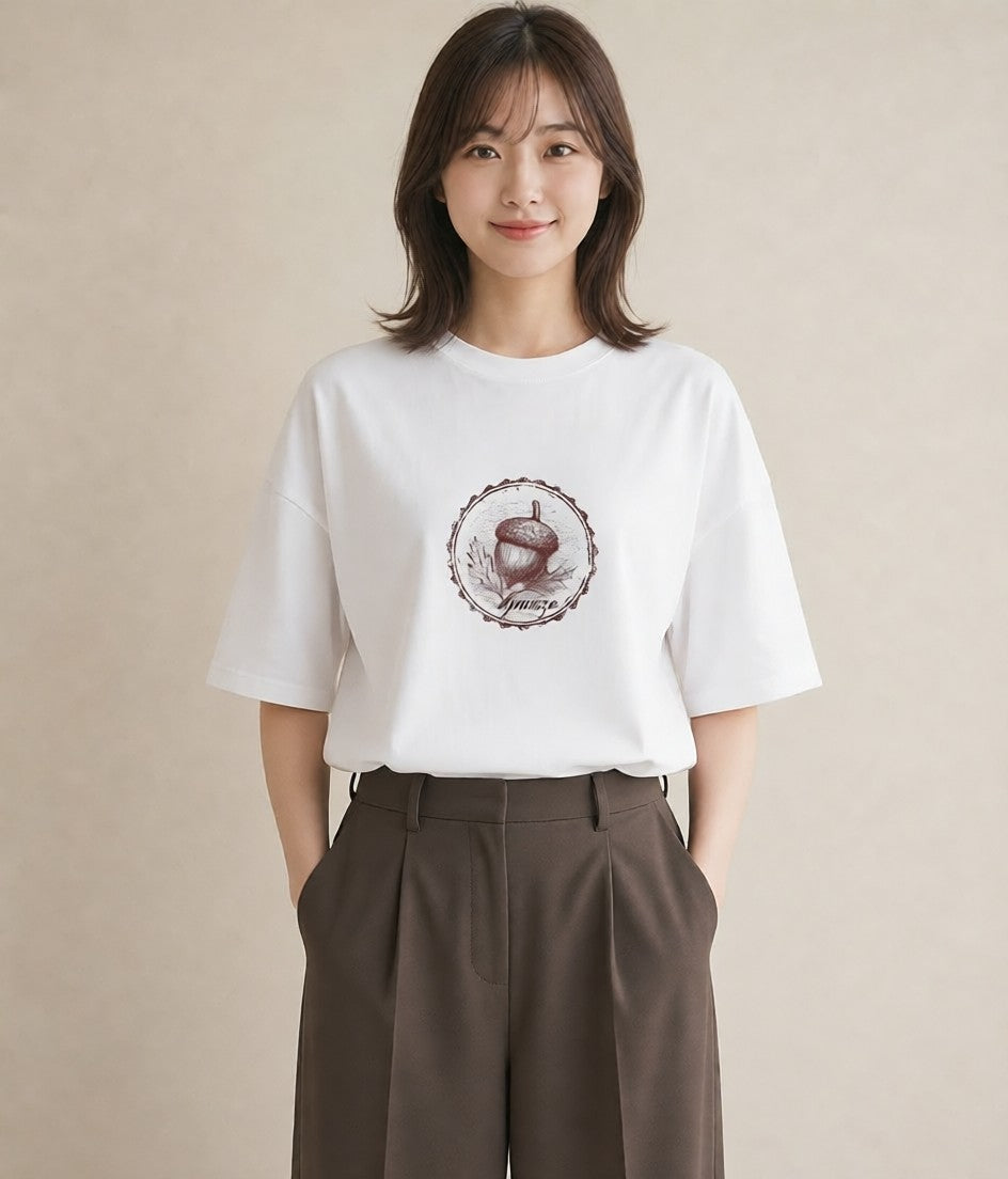 デザインTシャツ レディース どんぐり 植物 ボタニカル イラスト ラフ お揃い 親子 白T YMAZO