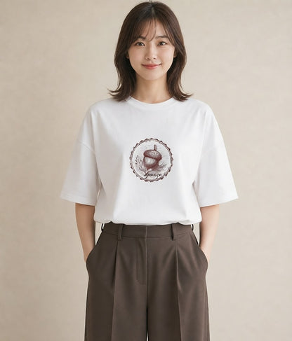 デザインTシャツ レディース どんぐり 植物 ボタニカル イラスト ラフ お揃い 親子 白T YMAZO