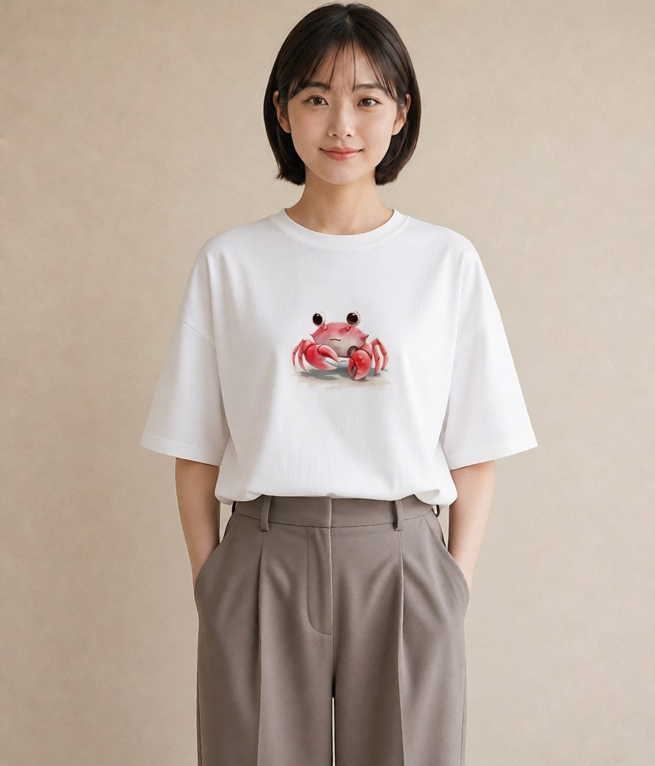 グラフィックTシャツ レディース ヤドカリ 海の生き物 海 イラスト ミニマル 自分用 ルームウェア 白T YMAZO