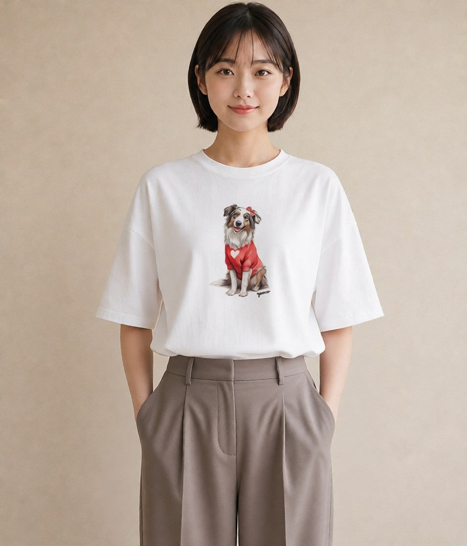 デザインTシャツ レディース ボーダーコリー 犬 いぬ イラスト アート風 カフェ服 クリスマス 白T YMAZO