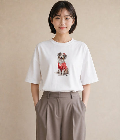 デザインTシャツ レディース ボーダーコリー 犬 いぬ イラスト アート風 カフェ服 クリスマス 白T YMAZO