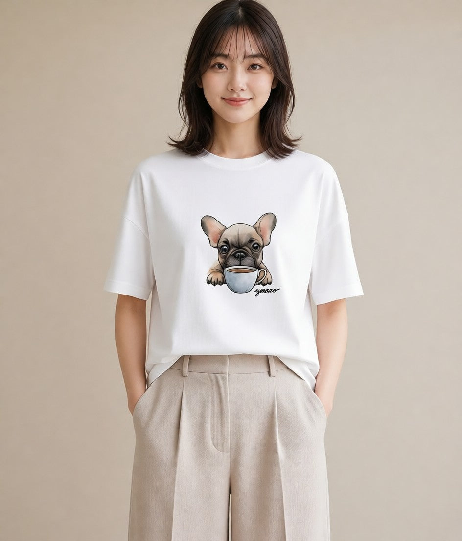 デザインTシャツ レディース フレンチブルドッグ フレブル 犬 いぬ イラスト ガーリー デート 帰省 白T YMAZO