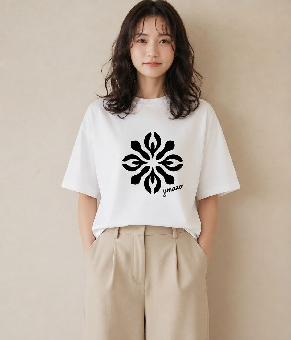 デザインTシャツ レディース 扇子 そよ風 ナチュラル アンティーク イラスト ポップ ビーチ デイリーウェア 白T YMAZO