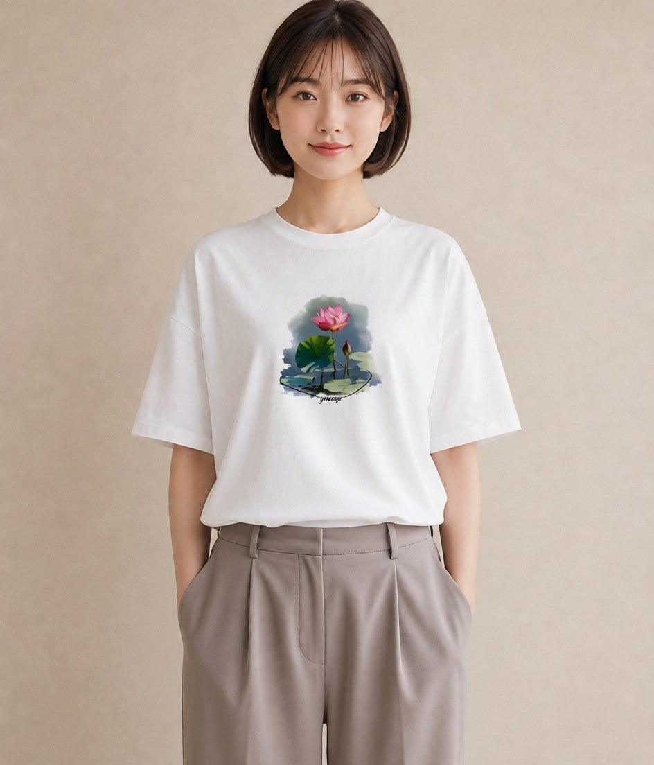 プリントTシャツ レディース 蓮 花 花柄 イラスト 線画 デイリーウェア 休日 白T YMAZO