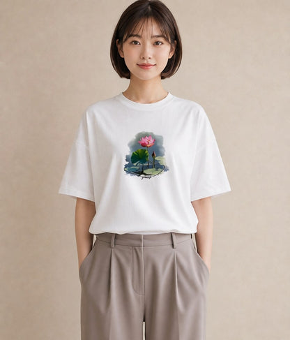 プリントTシャツ レディース 蓮 花 花柄 イラスト 線画 デイリーウェア 休日 白T YMAZO