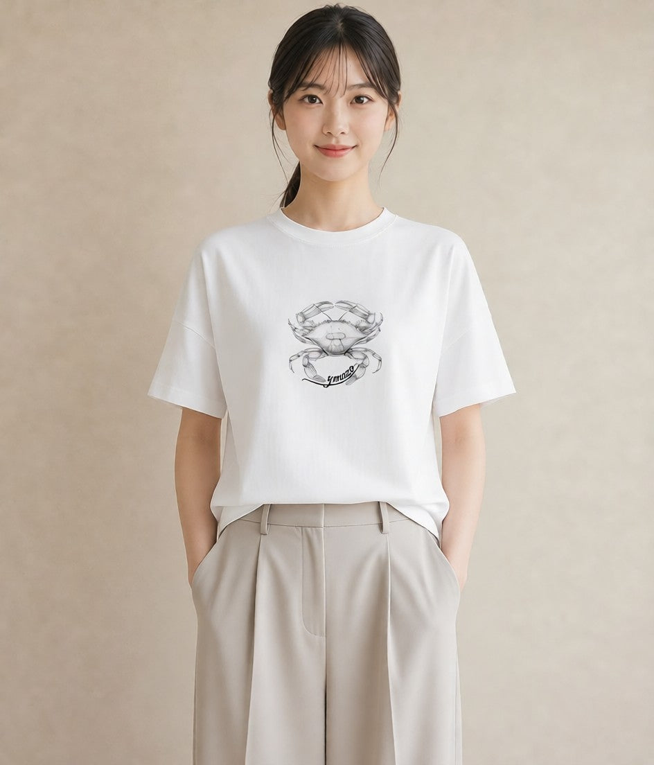 半袖Tシャツ レディース カニ 海の生き物 海 イラスト 抜け感 ママ カフェ服 白T YMAZO