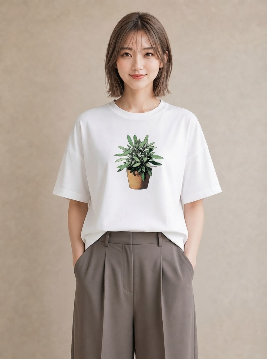 半袖Tシャツ レディース 多肉植物 植物 ボタニカル イラスト ゆるかわ 週末コーデ 敬老の日 白T YMAZO