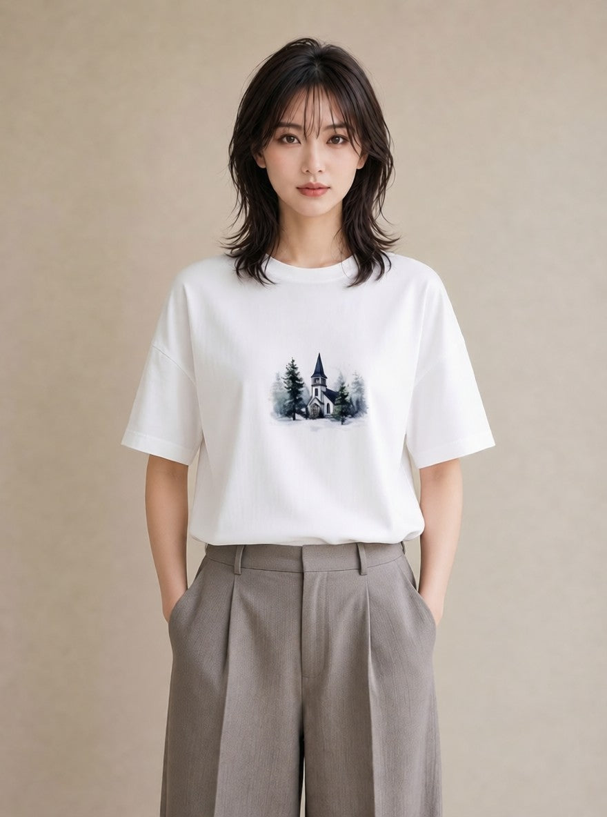 Tシャツ レディース 灯りの家 小屋 夜 ナチュラル アンティーク イラスト ゆるかわ 友達ギフト 部屋着 白T YMAZO