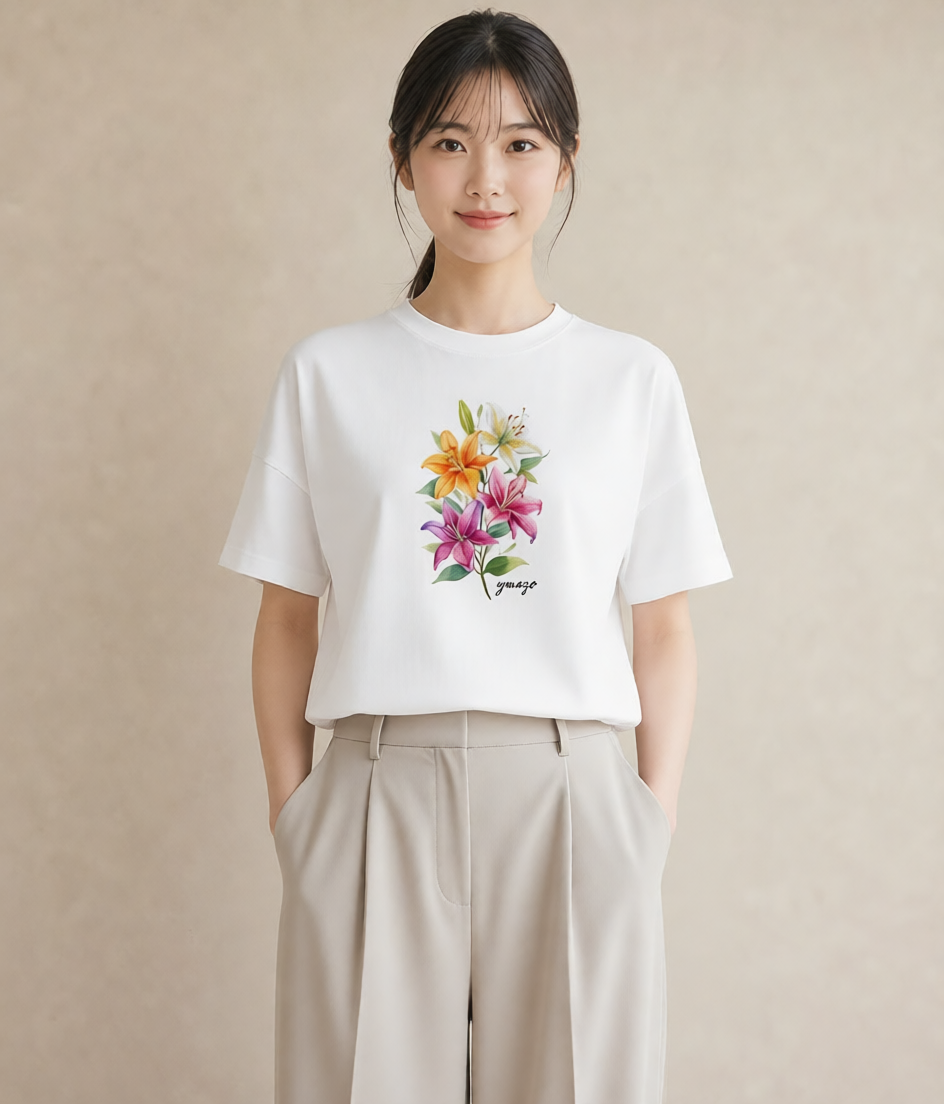 グラフィックTシャツ レディース ゆり 百合 花 花柄 イラスト カフェコーデ 旅行用 海 白T YMAZO