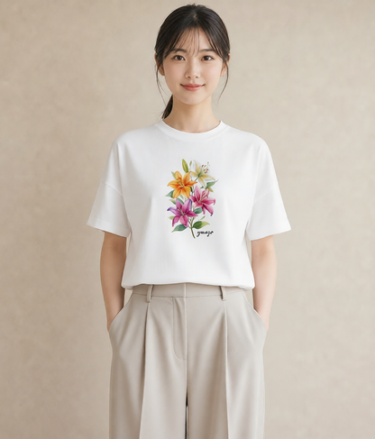 グラフィックTシャツ レディース ゆり 百合 花 花柄 イラスト カフェコーデ 旅行用 海 白T YMAZO