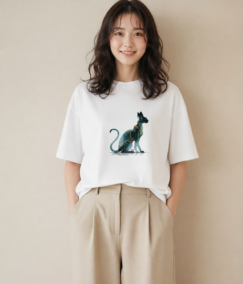 Tシャツ レディース スフィンクス 猫 ねこ イラスト 北欧風 ラフ レイヤード 白T YMAZO