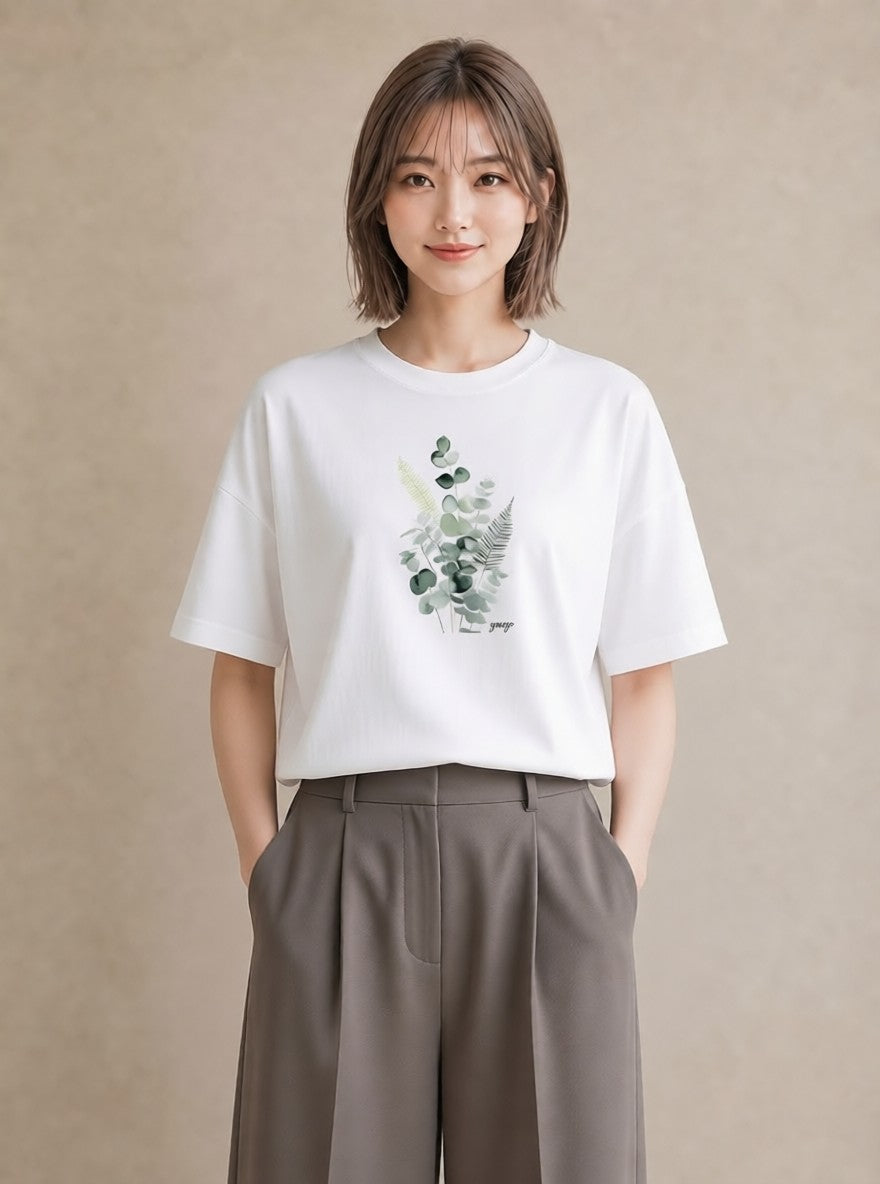 デザインTシャツ レディース シダ 植物 ボタニカル イラスト カジュアル 春服 ミセス 白T YMAZO
