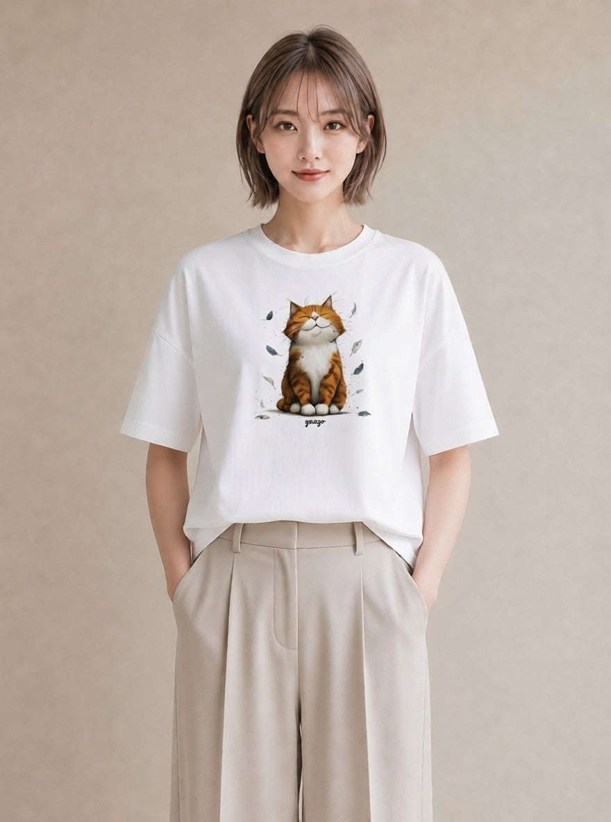 半袖Tシャツ レディース 茶トラ 茶猫 猫 ねこ イラスト シック 綿100 デート 白T YMAZO