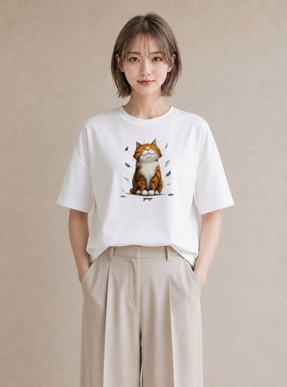 半袖Tシャツ レディース 茶トラ 茶猫 猫 ねこ イラスト シック 綿100 デート 白T YMAZO