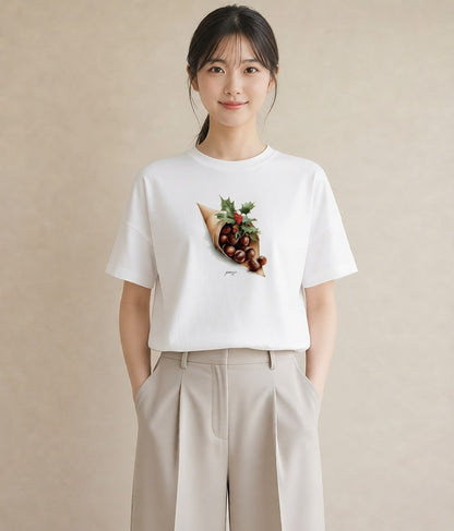 半袖Tシャツ レディース 実り 植物 ボタニカル イラスト ミニマル 通勤 在宅 白T YMAZO