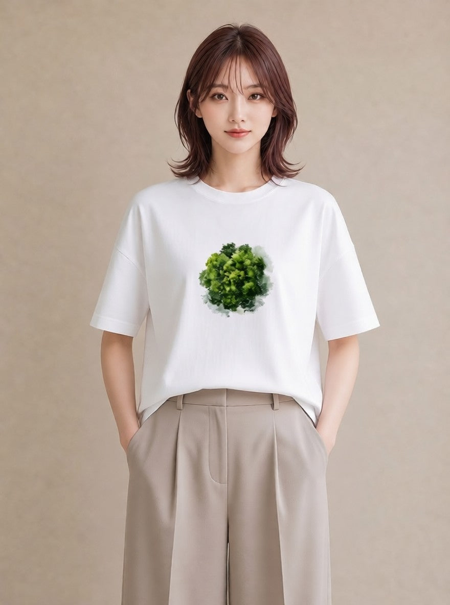 半袖Tシャツ レディース 盆栽 植物 ボタニカル イラスト 水彩風 買い物 夏コーデ 白T YMAZO