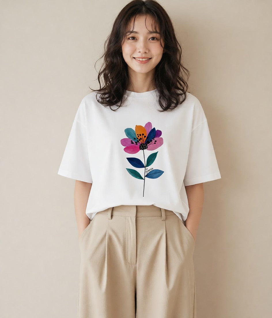Tシャツ レディース スミレ 花 花柄 イラスト シンプル 海 カフェ巡り 白T YMAZO