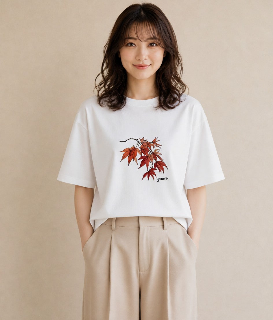 半袖Tシャツ レディース 落ち葉 植物 ボタニカル イラスト 個性的 買い物 夏コーデ 白T YMAZO
