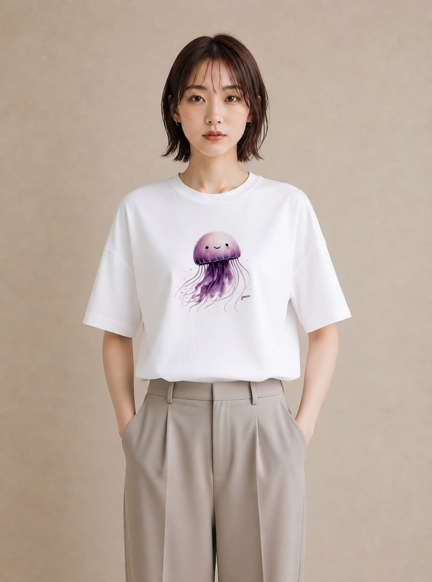 プリントTシャツ レディース くらげ クラゲ 海の生き物 海 イラスト ニュアンス 女性 旅行用 白T YMAZO
