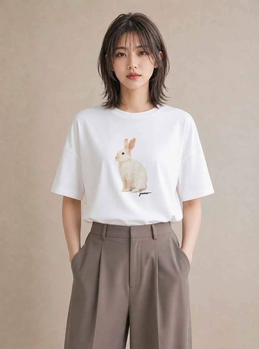 デザインTシャツ レディース ライオンラビット ペット 動物 イラスト 女子会 お揃い 白T YMAZO