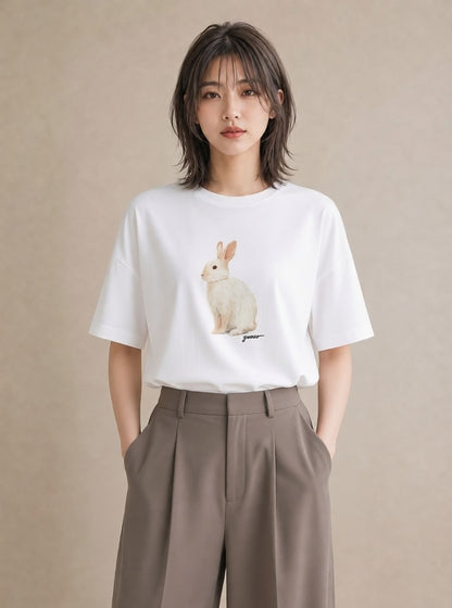 デザインTシャツ レディース ライオンラビット ペット 動物 イラスト 女子会 お揃い 白T YMAZO