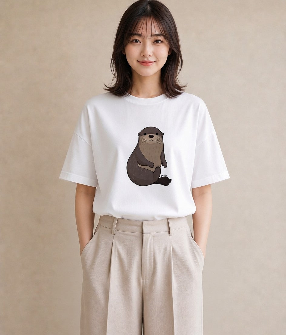 デザインTシャツ レディース ラッコ 動物 アニマル イラスト シンプル 海 カフェ巡り 白T YMAZO