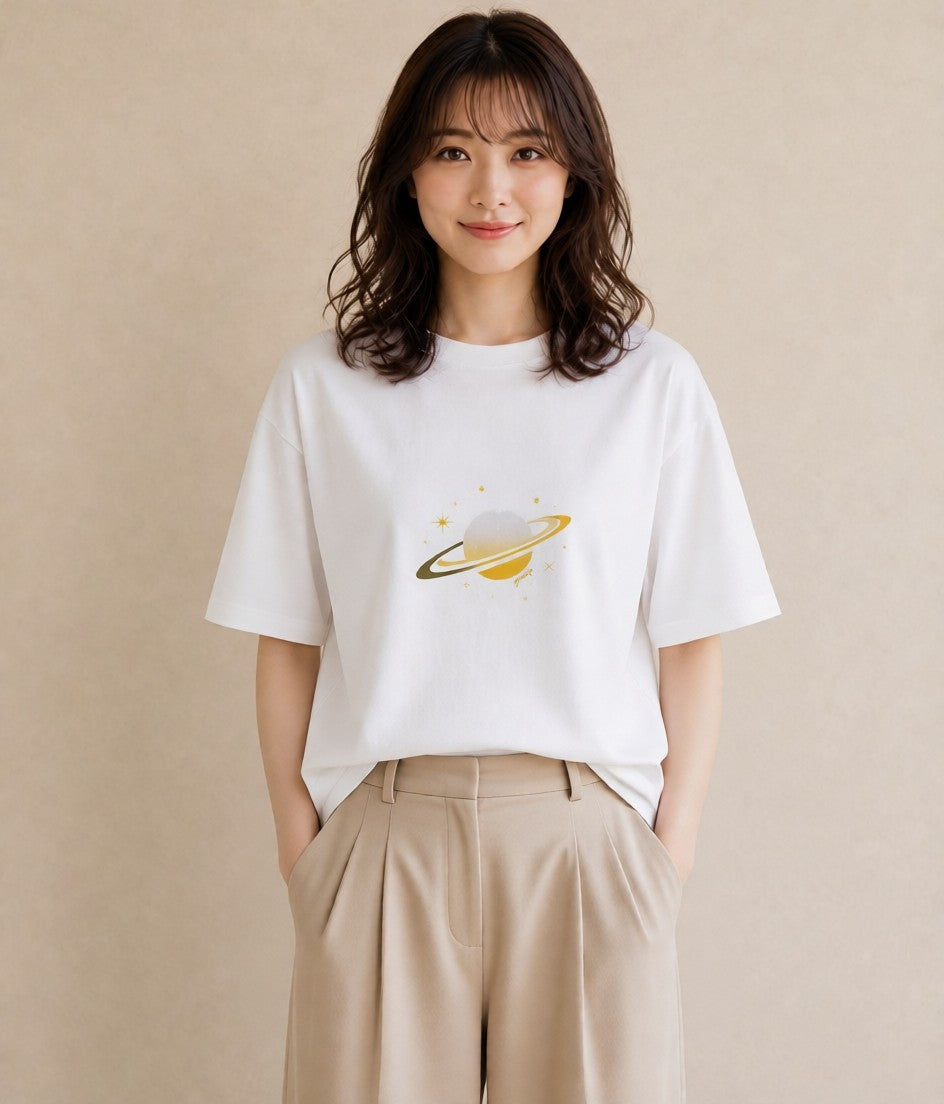デザインTシャツ レディース 土星 星空 宇宙 イラスト 旅行コーデ 旅行 母娘コーデ 白T YMAZO