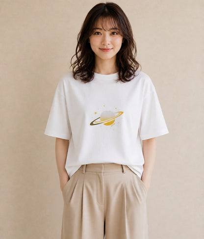 デザインTシャツ レディース 土星 星空 宇宙 イラスト 旅行コーデ 旅行 母娘コーデ 白T YMAZO
