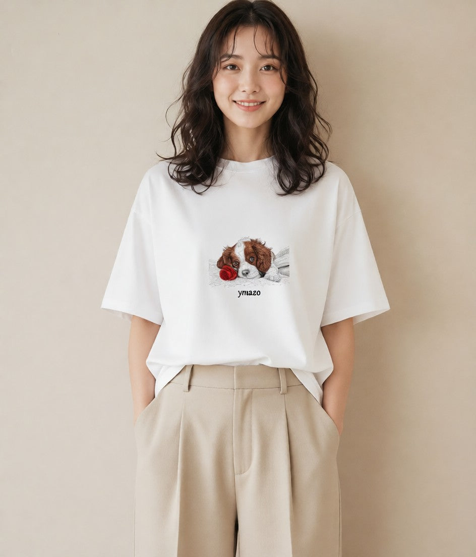 プリントTシャツ レディース キャバリア 犬 いぬ イラスト 手描き風 散歩 お出かけ 白T YMAZO