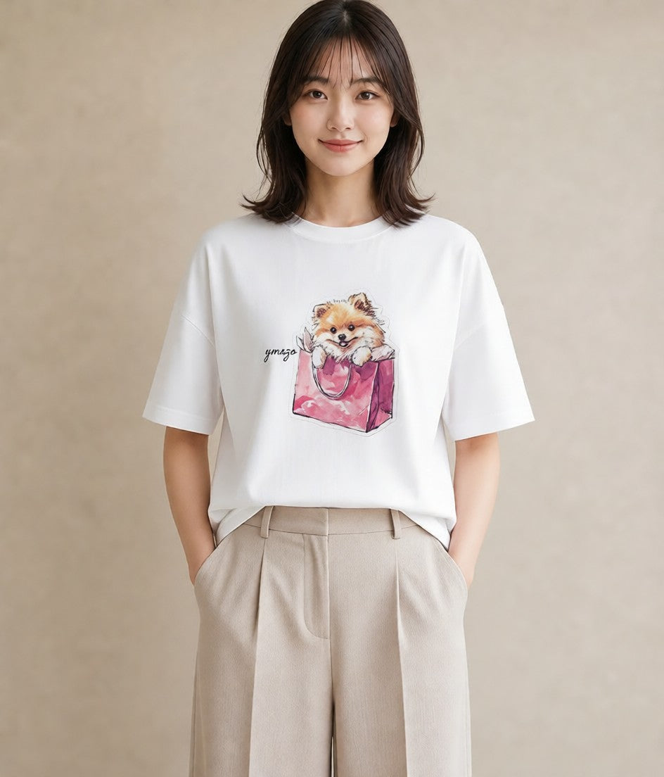 プリントTシャツ レディース ポメラニアン ポメ 犬 いぬ イラスト ラフ 通勤 在宅 白T YMAZO