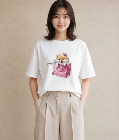 プリントTシャツ レディース ポメラニアン ポメ 犬 いぬ イラスト ラフ 通勤 在宅 白T YMAZO