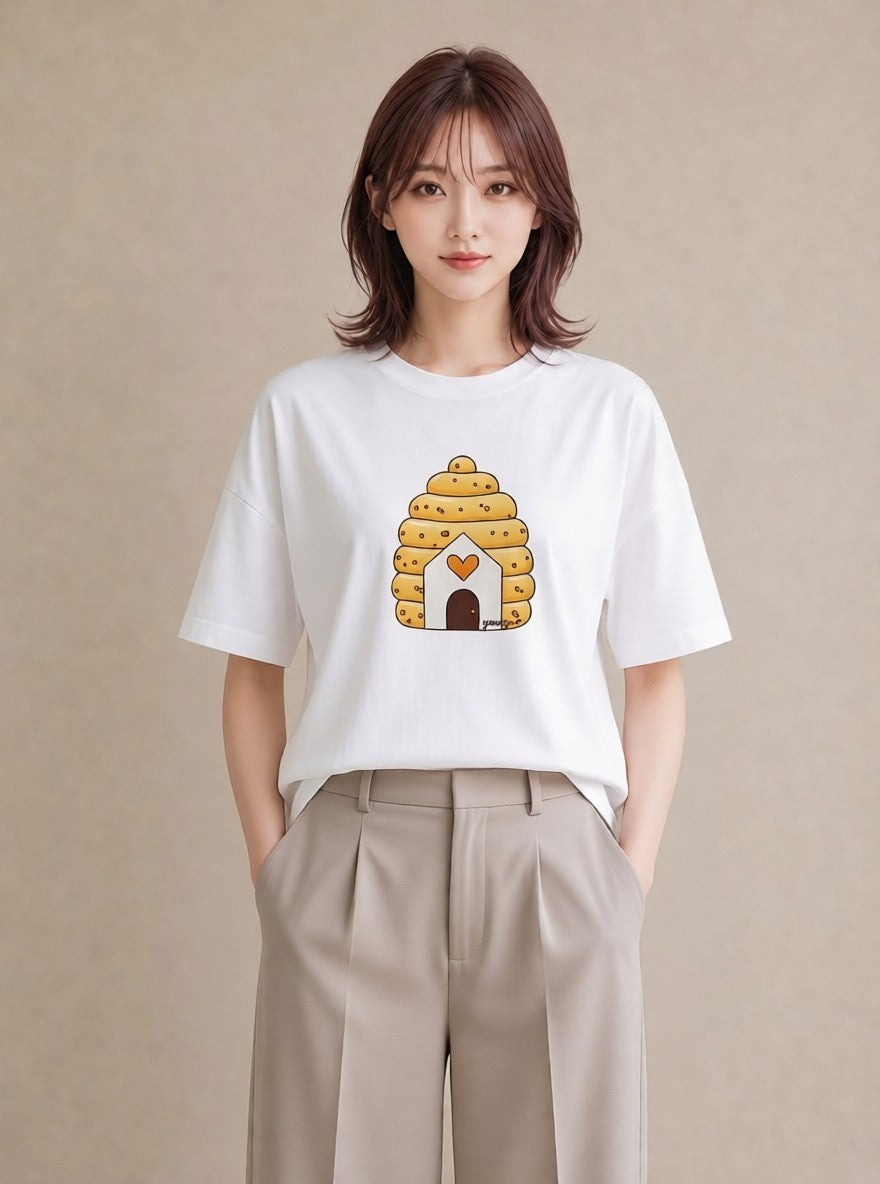 デザインTシャツ レディース はちみつ 食べ物 フード イラスト 手描き風 友達ギフト 部屋着 白T YMAZO