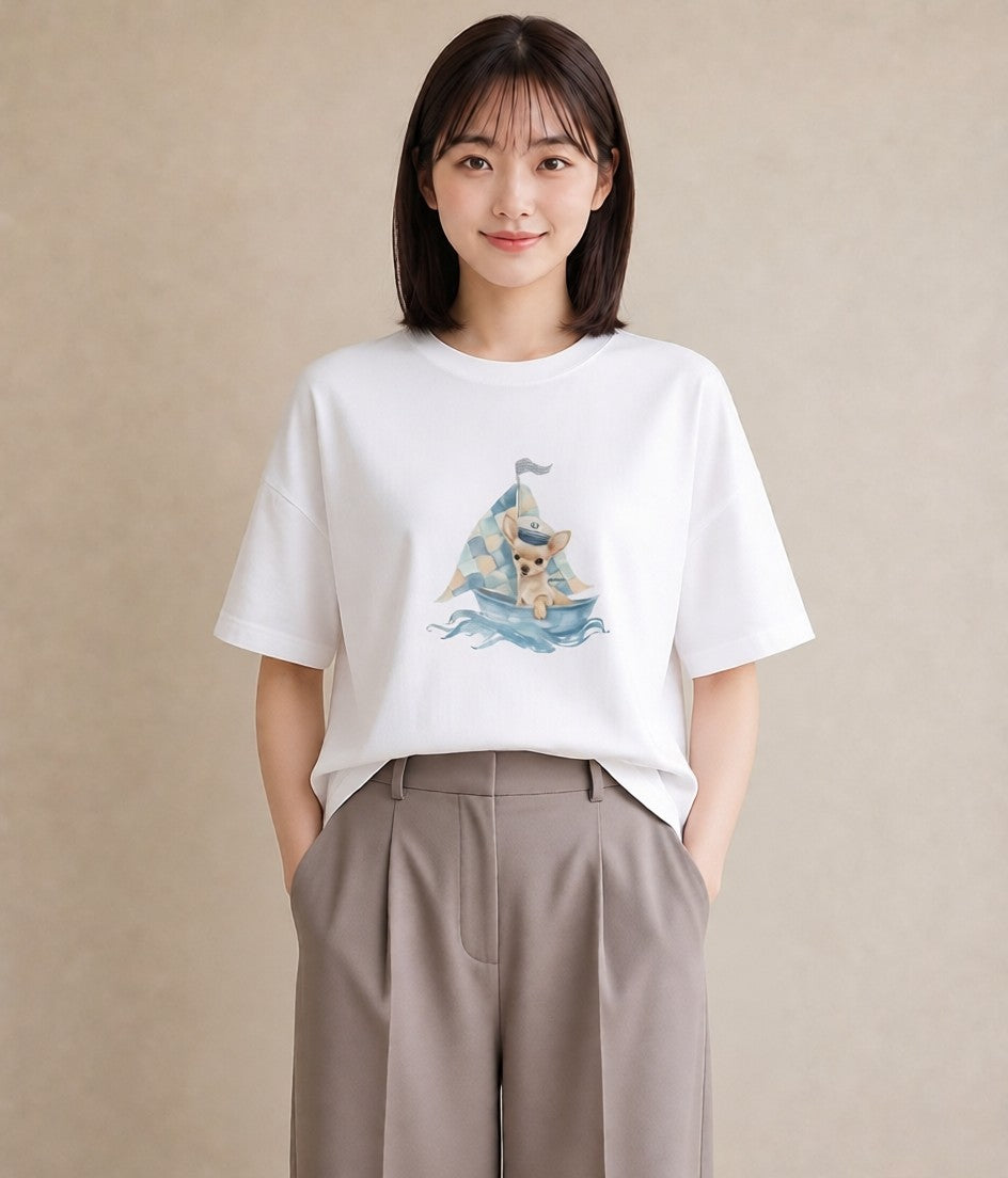 半袖Tシャツ レディース チワワ 犬 いぬ イラスト シック 誕生日プレゼント 綿100 白T YMAZO