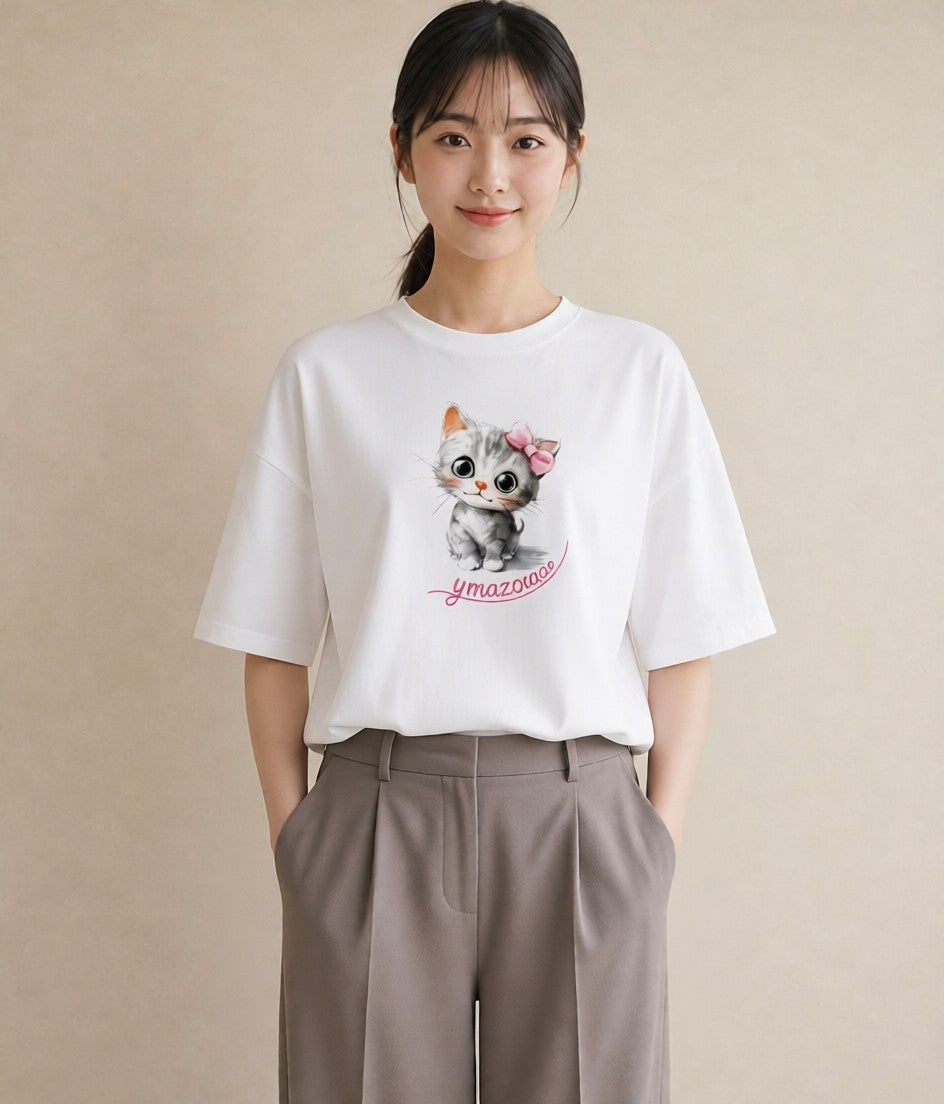 グラフィックTシャツ レディース 子猫 猫 ねこ イラスト 抜け感 敬老の日 ホワイトデー 白T YMAZO