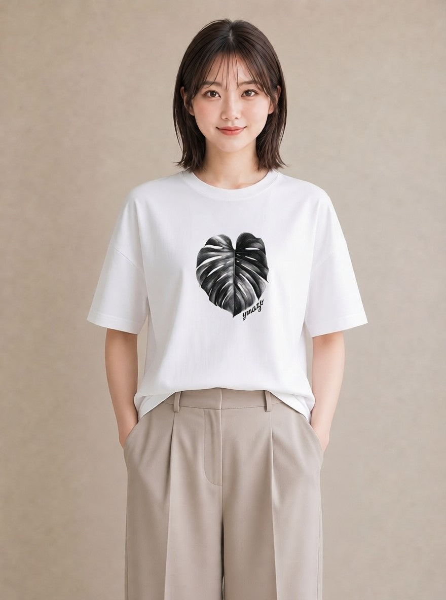 グラフィックTシャツ レディース モンステラ 植物 ボタニカル イラスト シンプル 春服 ミセス 白T YMAZO