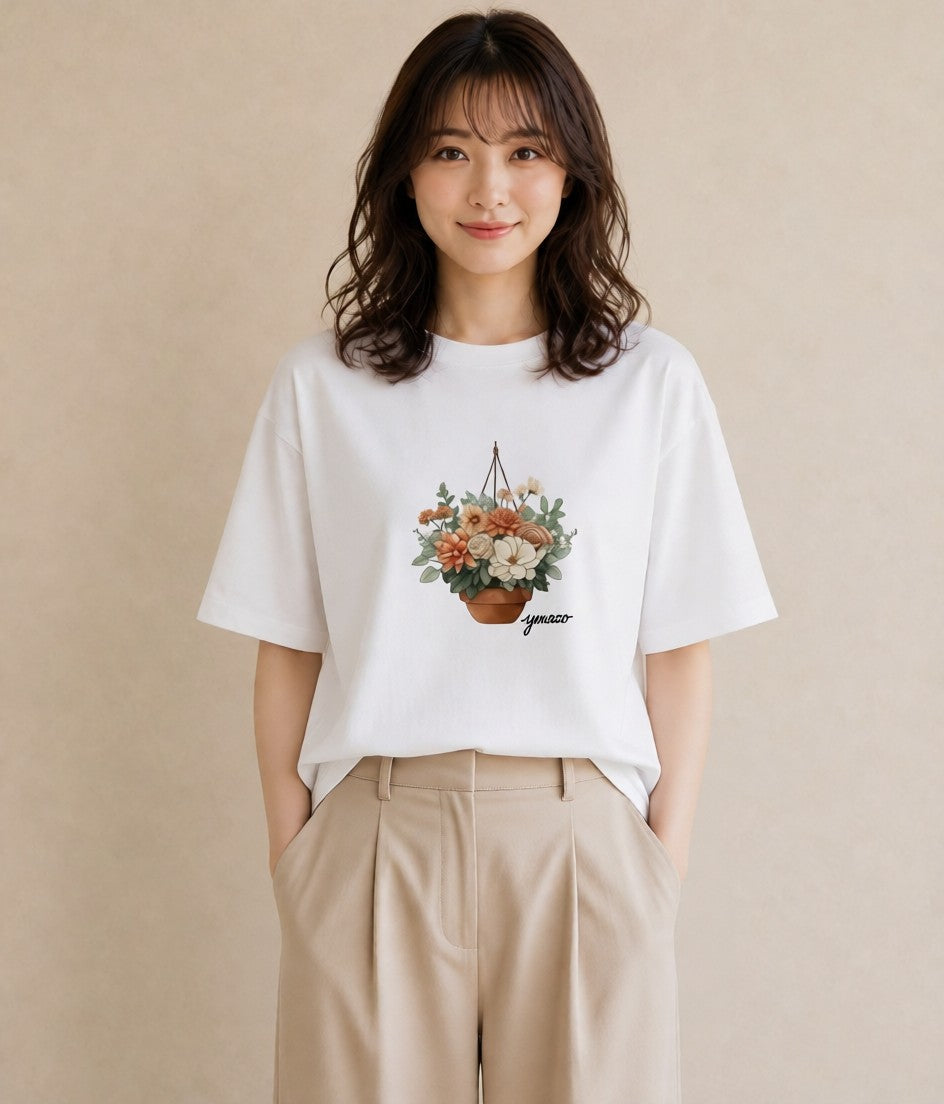 デザインTシャツ レディース 自転車のかご 自転車 花かご ナチュラル アンティーク イラスト カジュアル デイリーウェア 休日 白T YMAZO