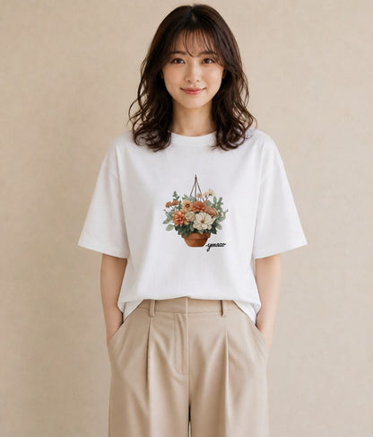 デザインTシャツ レディース 自転車のかご 自転車 花かご ナチュラル アンティーク イラスト カジュアル デイリーウェア 休日 白T YMAZO
