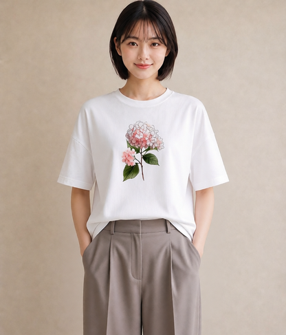 Tシャツ レディース あじさい 紫陽花 アジサイ 花 花柄 イラスト ナチュラル 部屋着 女性向けギフト 白T YMAZO