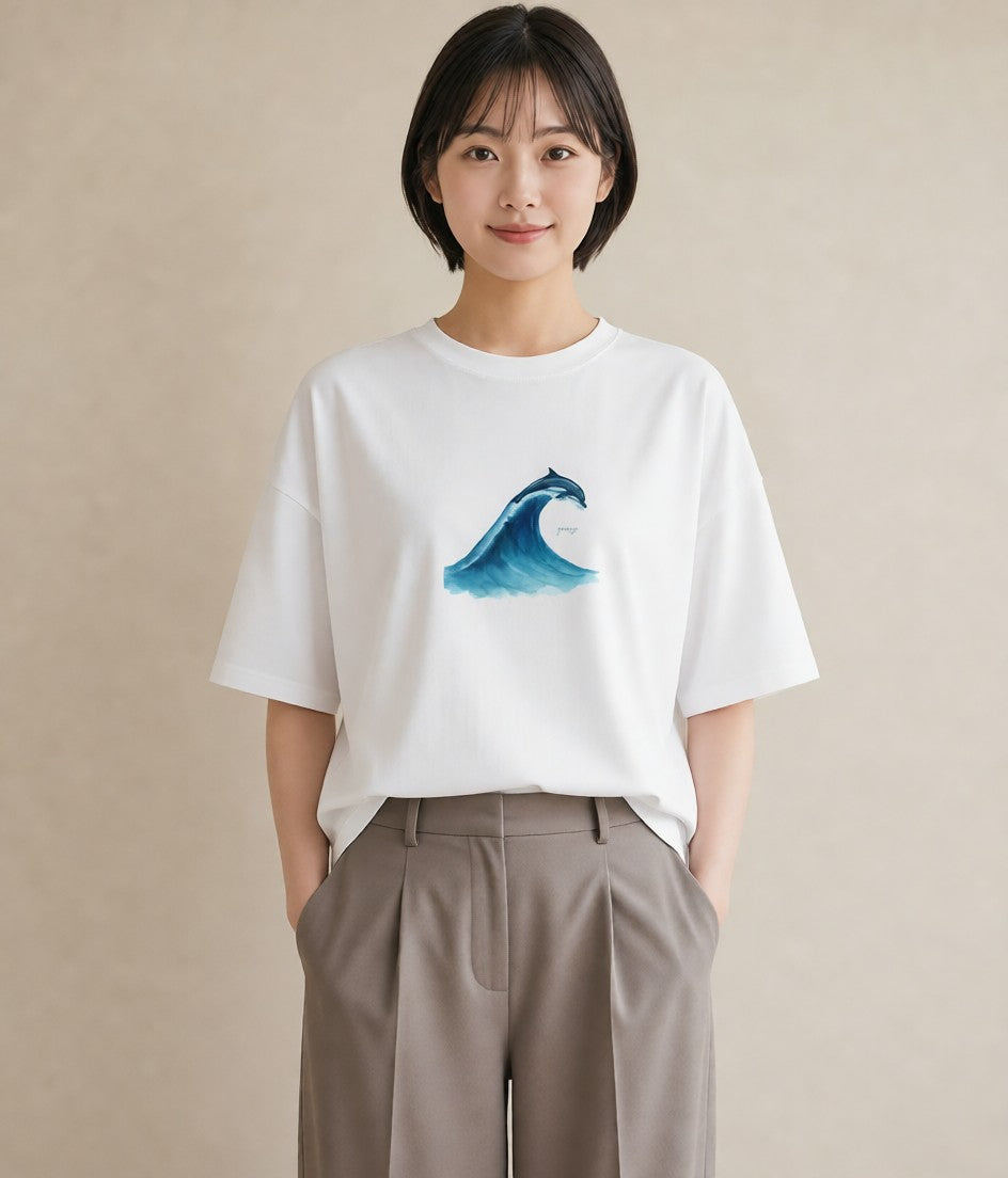 デザインTシャツ レディース 波 星空 宇宙 イラスト 淡色 カフェ巡り 女子会 白T YMAZO