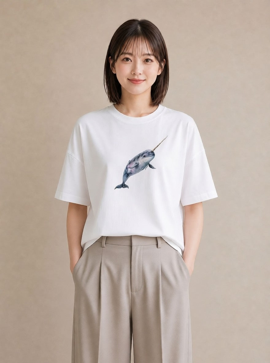 デザインTシャツ レディース イカ 海の生き物 海 イラスト 手描き風 カフェ巡り 白T YMAZO