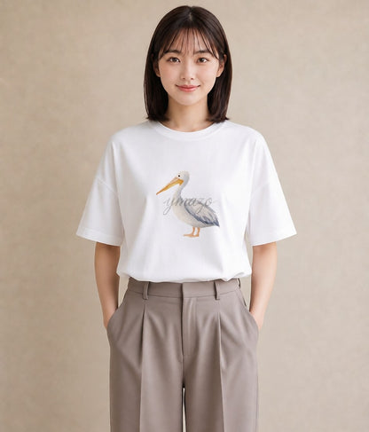 グラフィックTシャツ レディース ハクチョウ 動物 アニマル イラスト ヴィンテージ風 綿100 デート 白T YMAZO