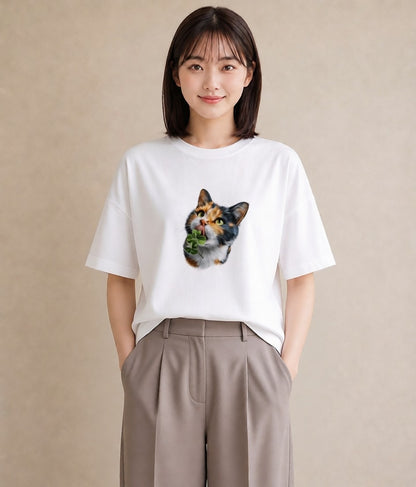 Tシャツ レディース 三毛猫 みけねこ 三毛 猫 ねこ イラスト カフェコーデ 綿100 デート 白T YMAZO